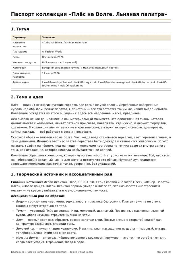 Страница тех-карты коллекции «Плёс на Волге»